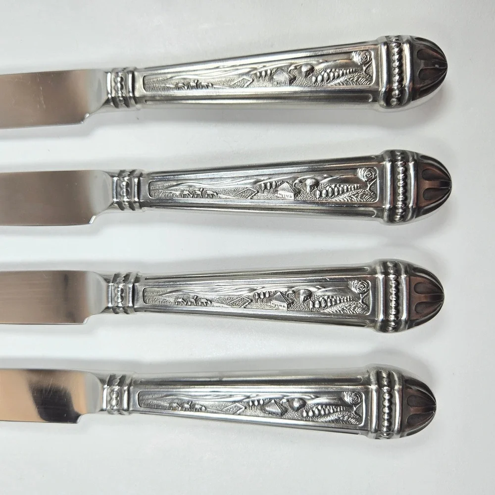 4 Vintage Regent Sheffield‎ Stainless Steak Knives Ornate Embossed Handle Japan